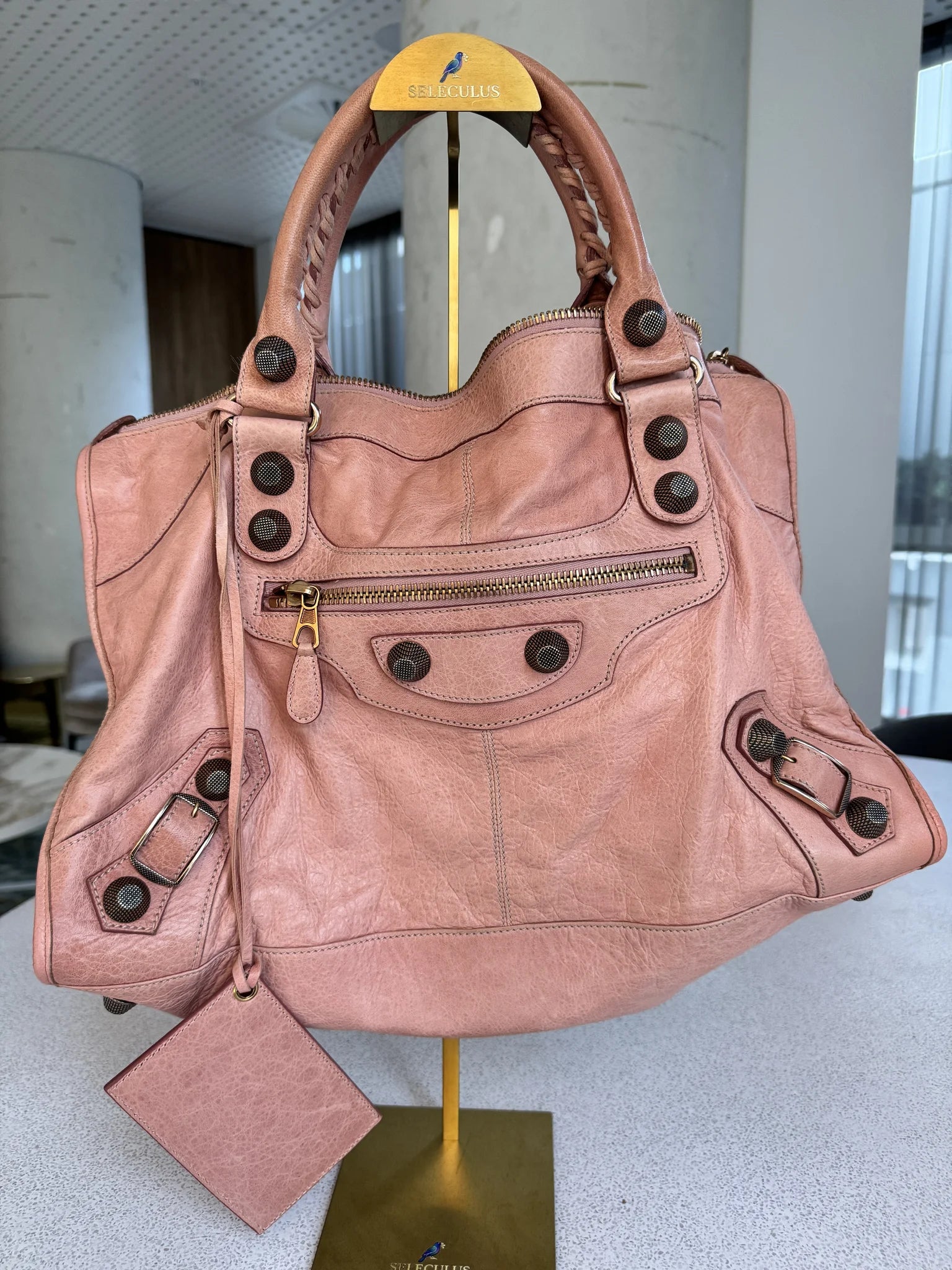 Balenciaga — Classic Work Bag Dusty Rose / Antique Rose · Aged Brass Giant Studs · Serial 173080 5741