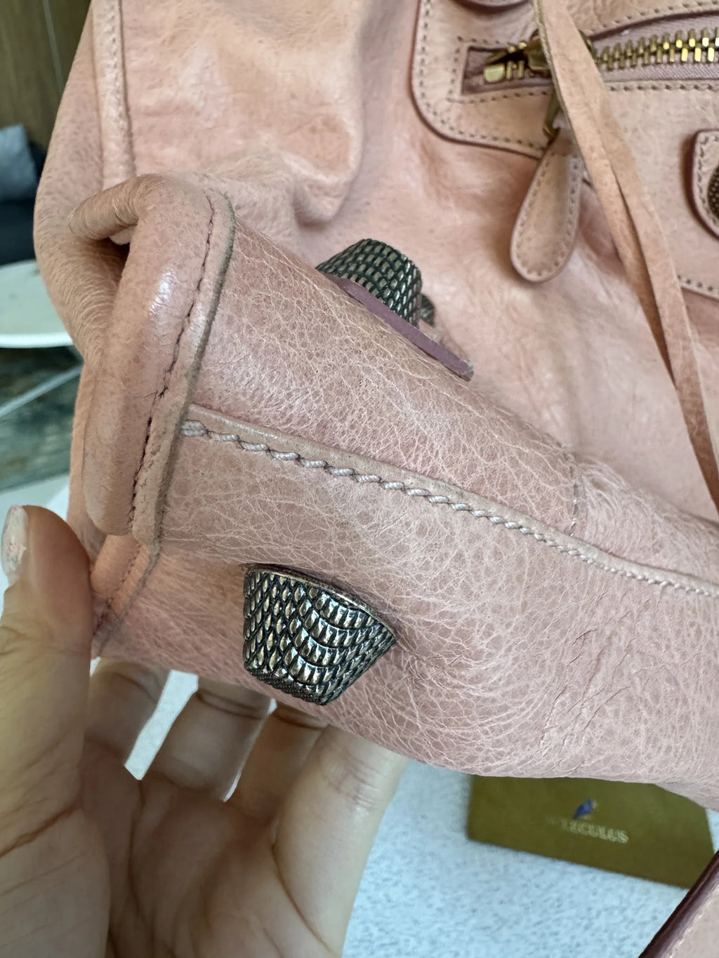 Balenciaga — Classic Work Bag Dusty Rose / Antique Rose · Aged Brass Giant Studs · Serial 173080 5741