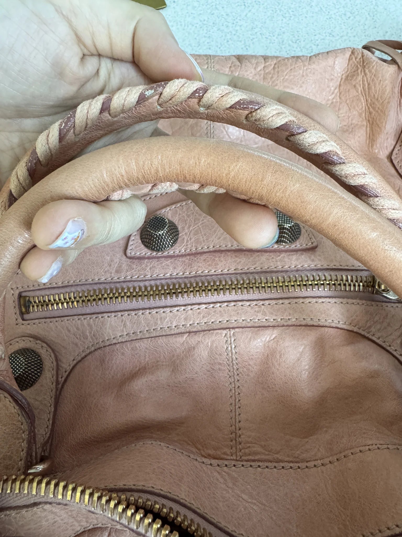 Balenciaga — Classic Work Bag Dusty Rose / Antique Rose · Aged Brass Giant Studs · Serial 173080 5741