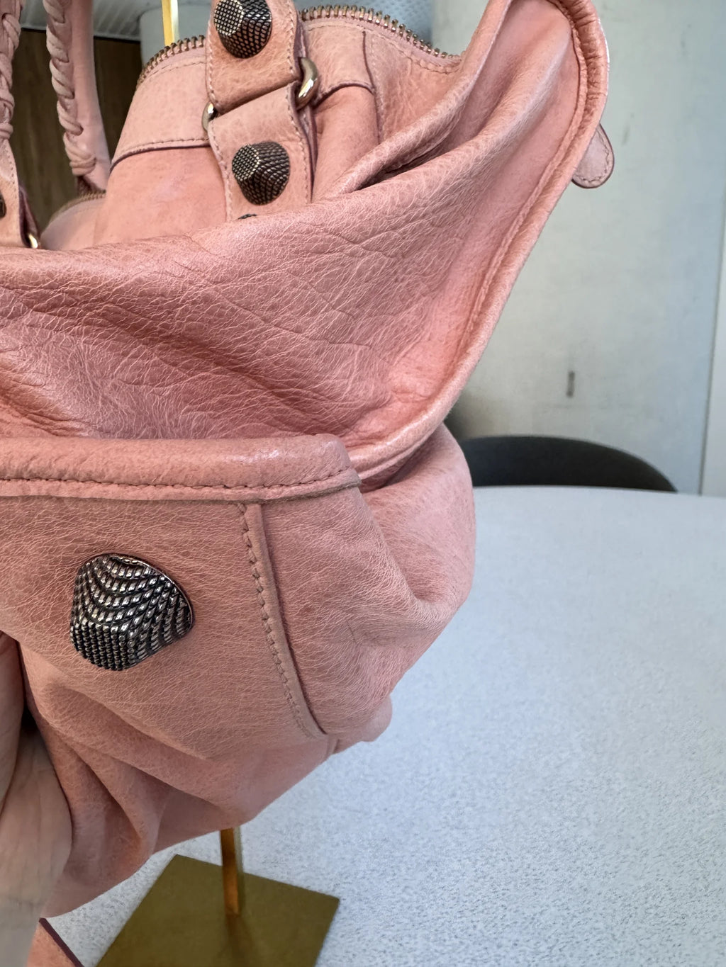 Balenciaga — Classic Work Bag Dusty Rose / Antique Rose · Aged Brass Giant Studs · Serial 173080 5741