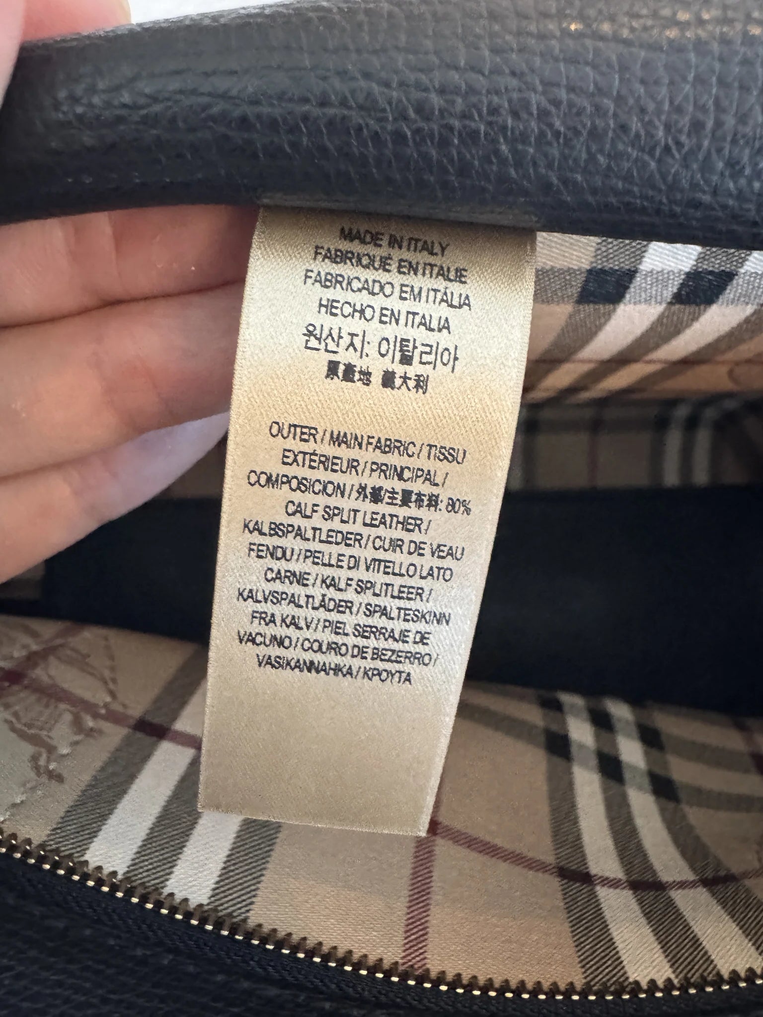 Burberry — Large Shopper Tote Black · Calf Split Leather · Nova Check Lining · Made in Italy