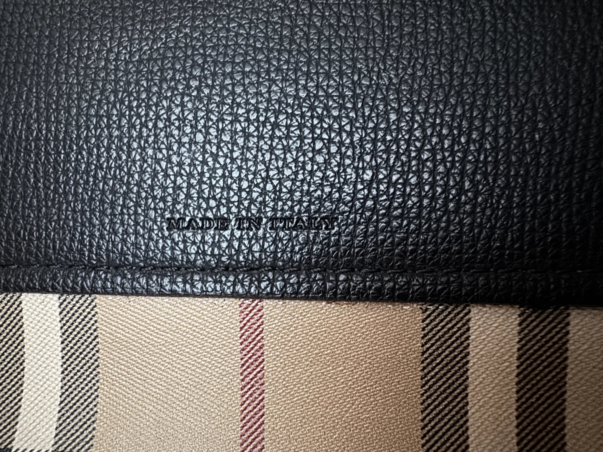 Burberry — Large Shopper Tote Black · Calf Split Leather · Nova Check Lining · Made in Italy
