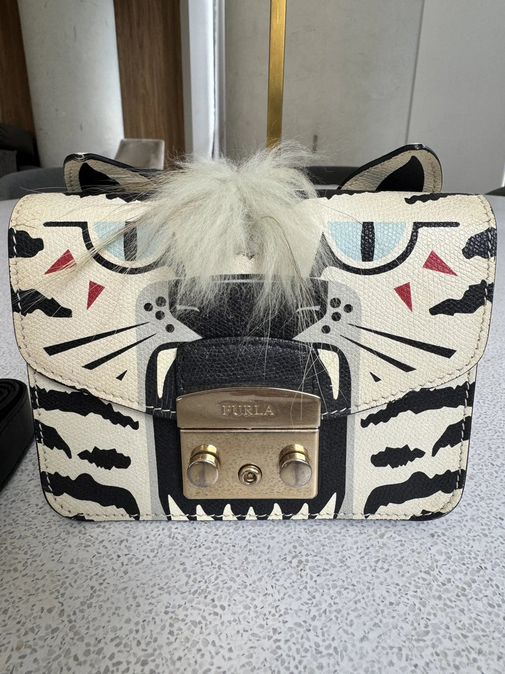 Furla — Metropolis Mini Crossbody Ivory & Black · Tiger-Print Embossed Leather · Made in Italy