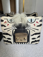 Furla — Metropolis Mini Crossbody Ivory & Black · Tiger-Print Embossed Leather · Made in Italy