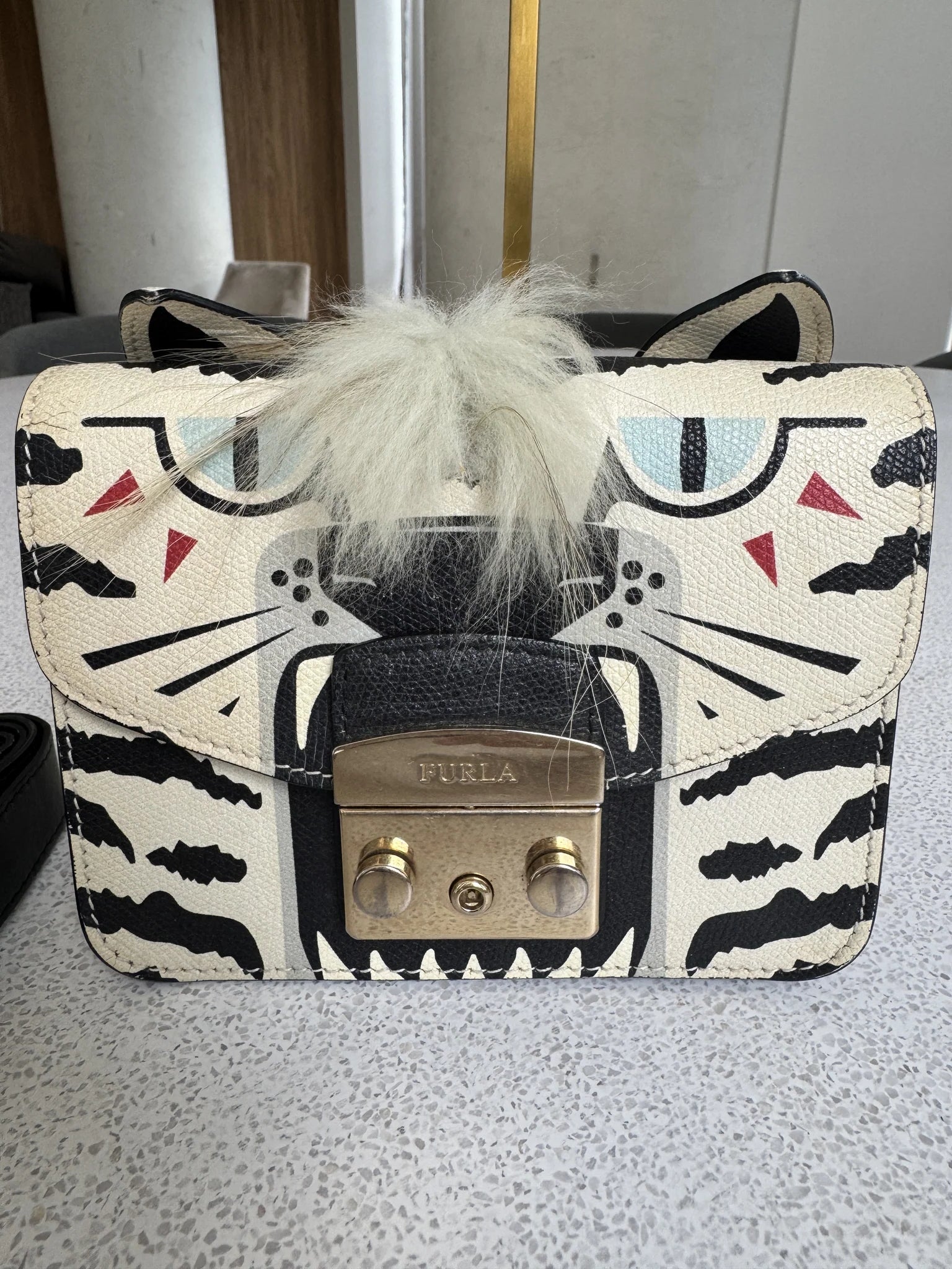 Furla — Metropolis Mini Crossbody Ivory & Black · Tiger-Print Embossed Leather · Made in Italy