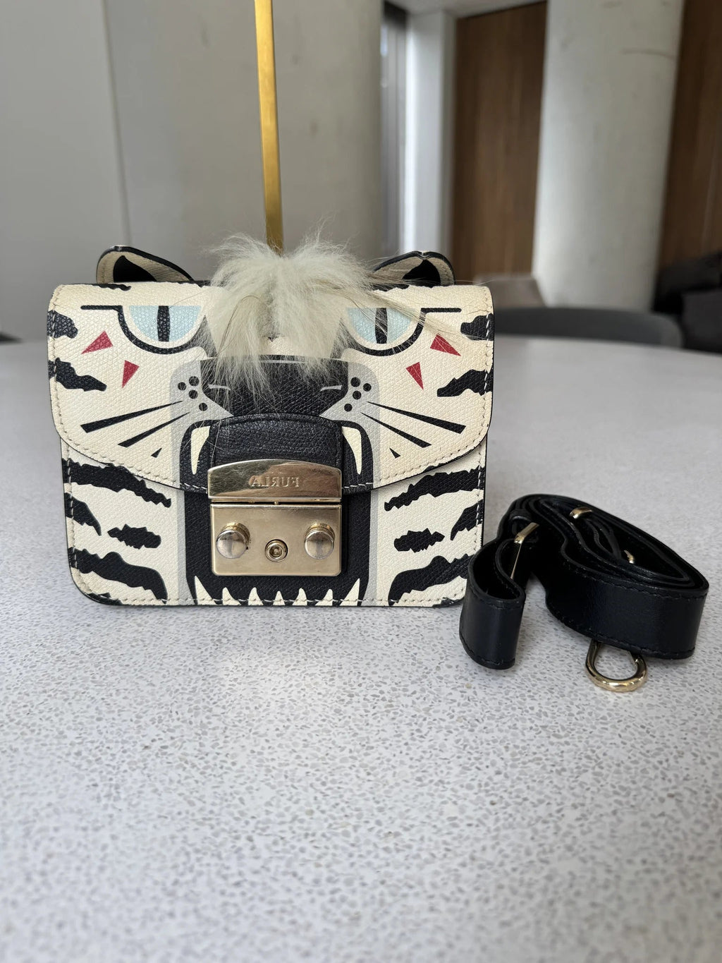 Furla — Metropolis Mini Crossbody Ivory & Black · Tiger-Print Embossed Leather · Made in Italy