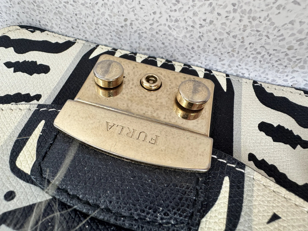 Furla — Metropolis Mini Crossbody Ivory & Black · Tiger-Print Embossed Leather · Made in Italy