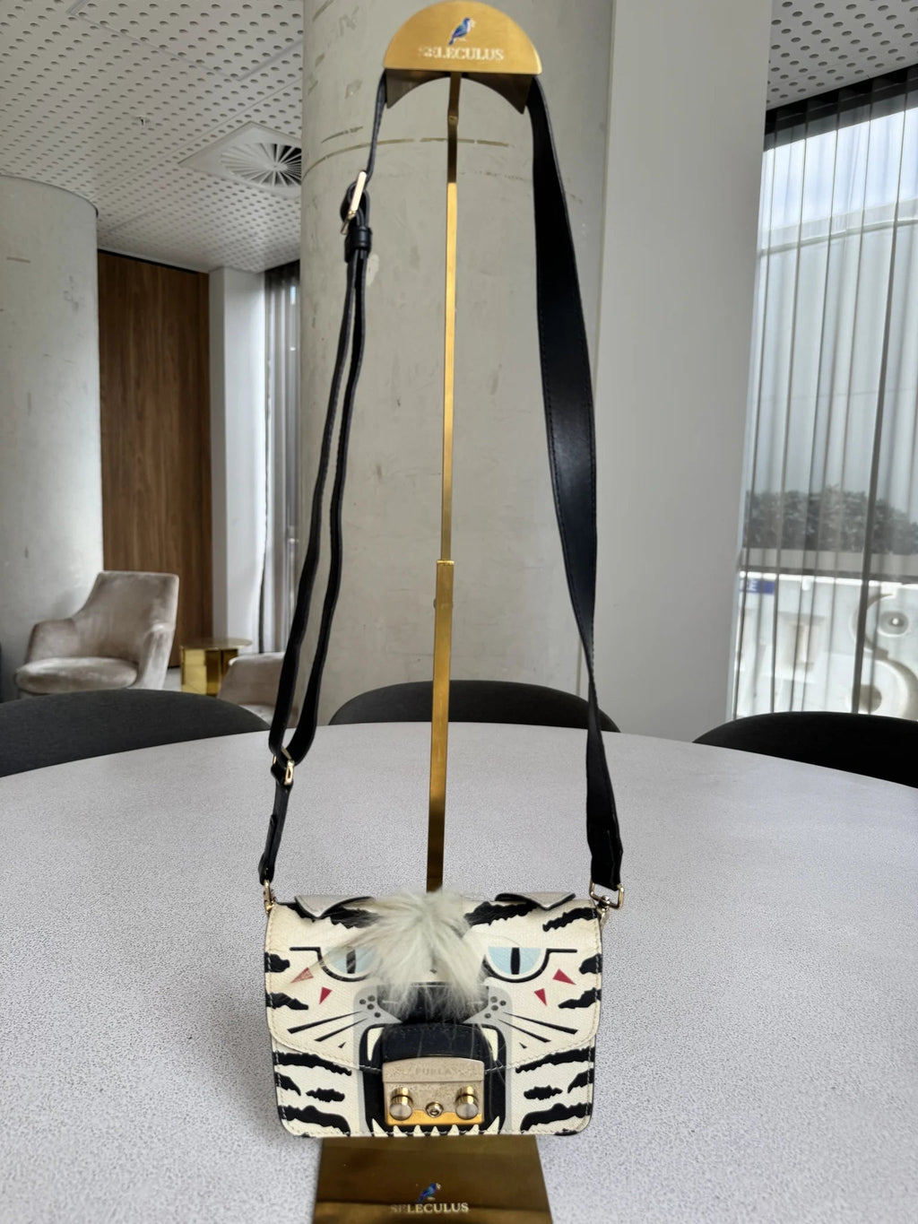 Furla — Metropolis Mini Crossbody Ivory & Black · Tiger-Print Embossed Leather · Made in Italy