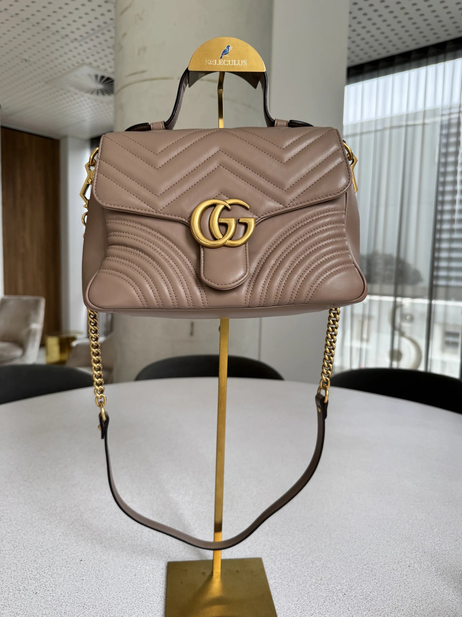 Gucci — GG Marmont Small Top Handle Bag Porcelain / Dusty Nude · Matelassé Chevron Leather · Antique Gold Hardware