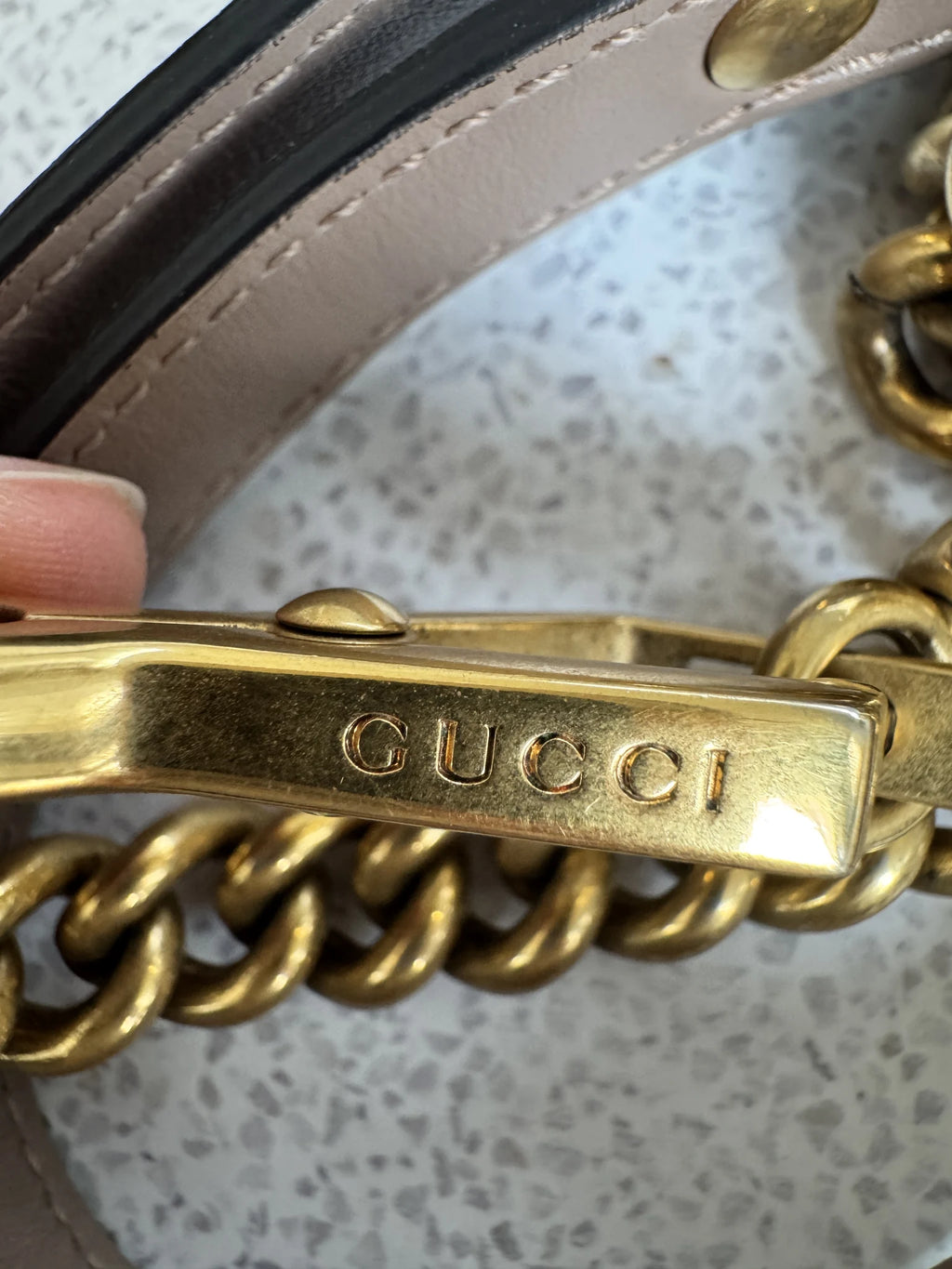 Gucci — GG Marmont Small Top Handle Bag Porcelain / Dusty Nude · Matelassé Chevron Leather · Antique Gold Hardware