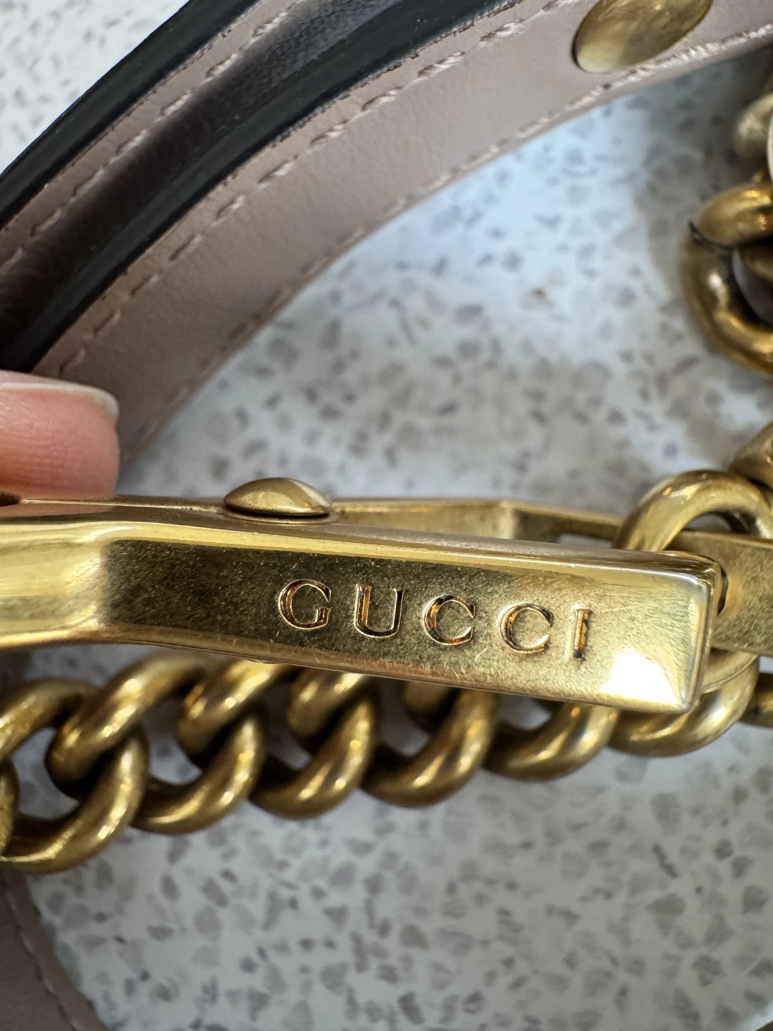 Gucci — GG Marmont Small Top Handle Bag Porcelain / Dusty Nude · Matelassé Chevron Leather · Antique Gold Hardware