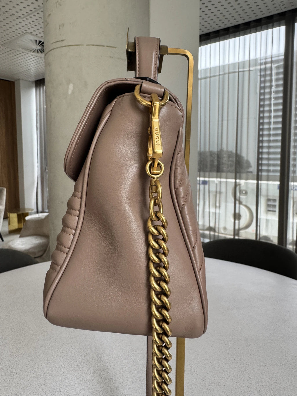 Gucci — GG Marmont Small Top Handle Bag Porcelain / Dusty Nude · Matelassé Chevron Leather · Antique Gold Hardware