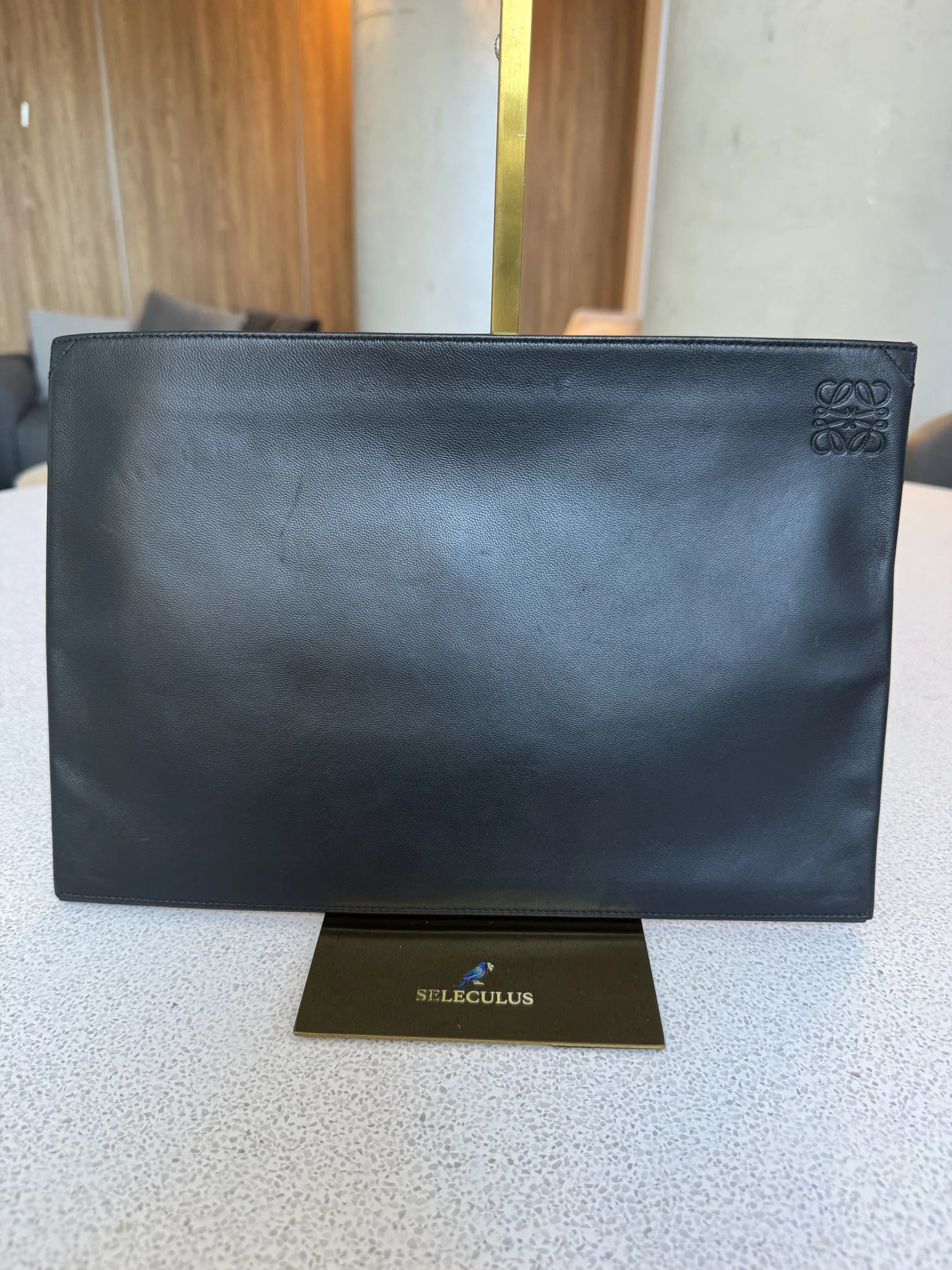 Loewe — Origami Clutch Black · Lambskin · Royal Blue Leather Interior · Made in Spain
