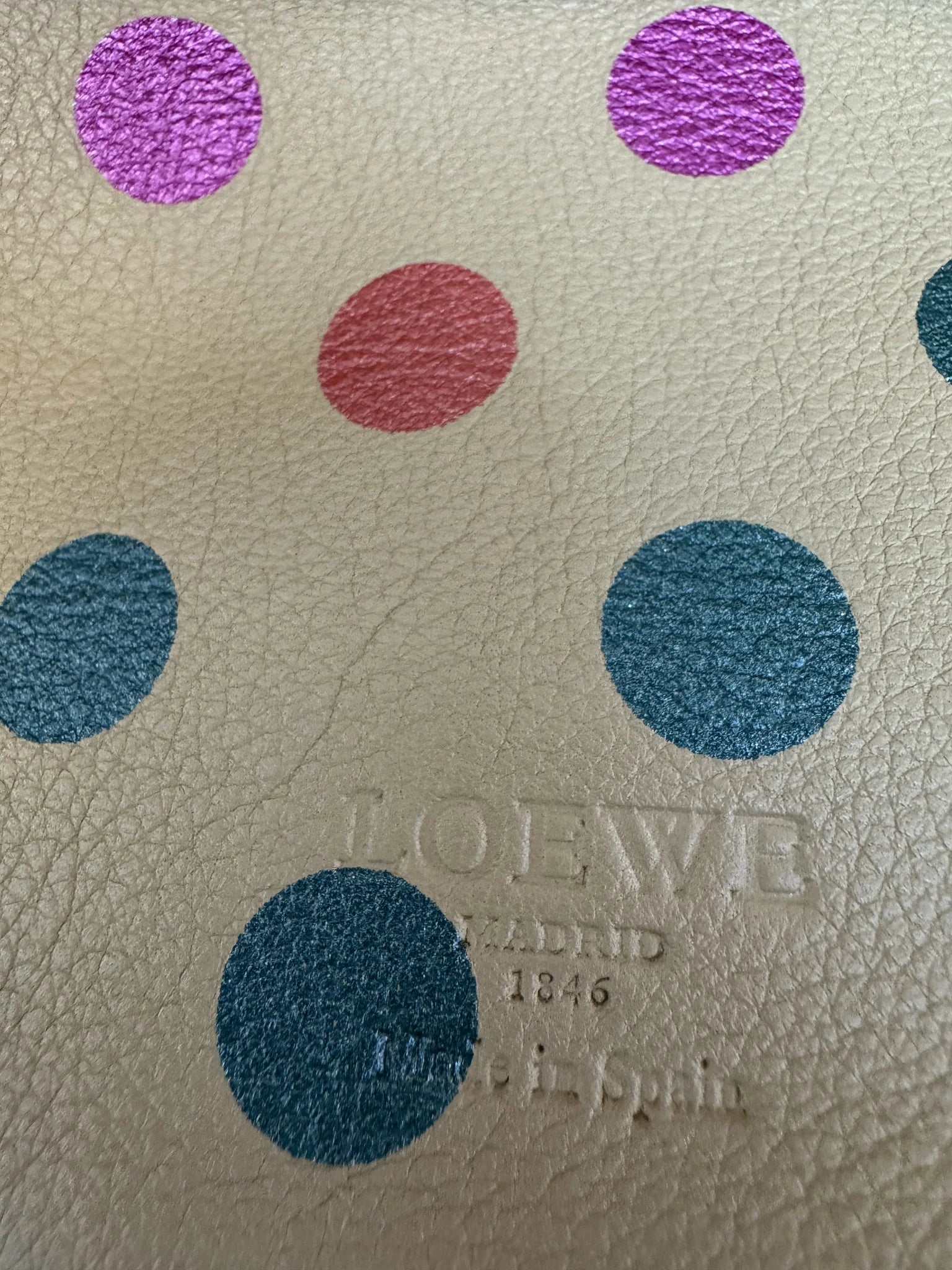 Loewe — Large Reversible Hobo Sand + Multicolour Metallic Polka Dot · Printed Calfskin / Suede · Made in Spain