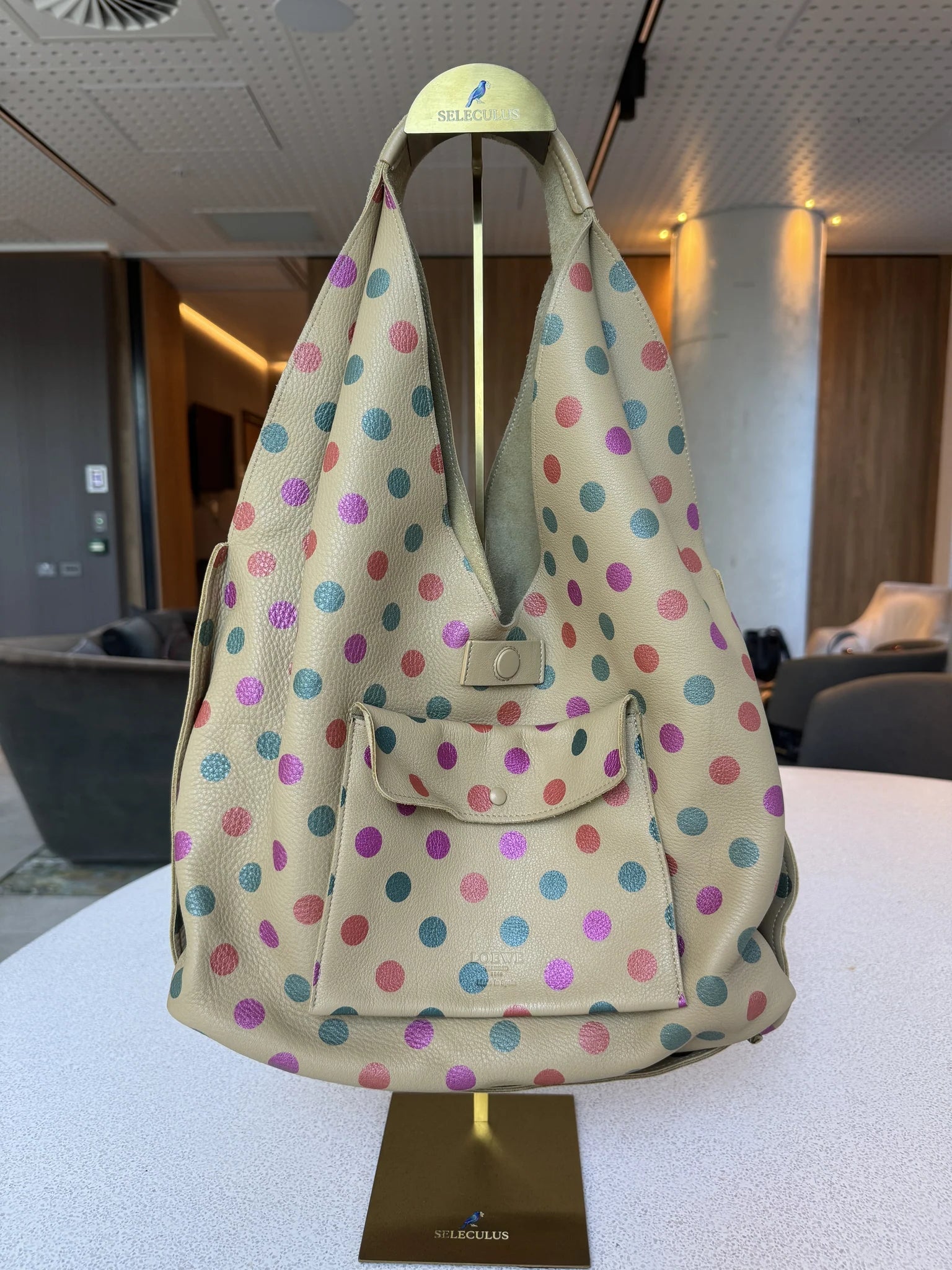 Loewe — Large Reversible Hobo Sand + Multicolour Metallic Polka Dot · Printed Calfskin / Suede · Made in Spain
