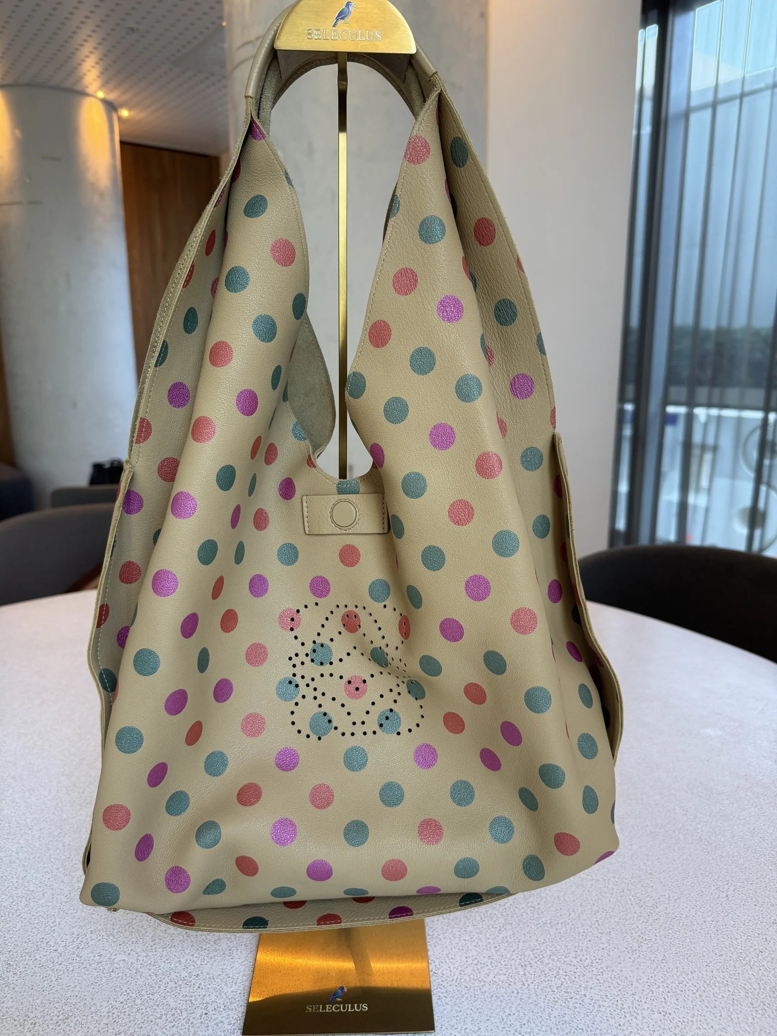 Loewe — Large Reversible Hobo Sand + Multicolour Metallic Polka Dot · Printed Calfskin / Suede · Made in Spain