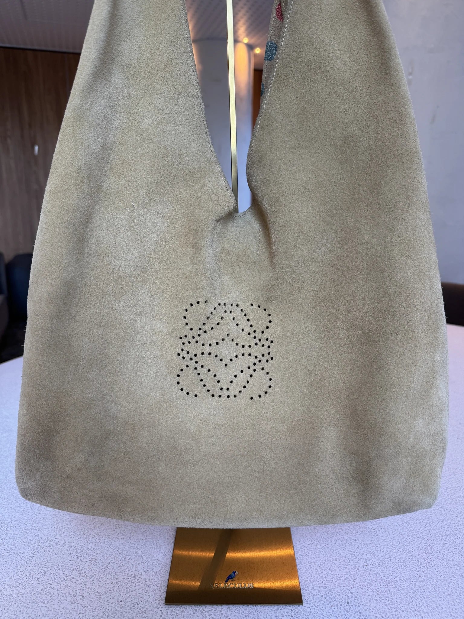 Loewe — Large Reversible Hobo Sand + Multicolour Metallic Polka Dot · Printed Calfskin / Suede · Made in Spain