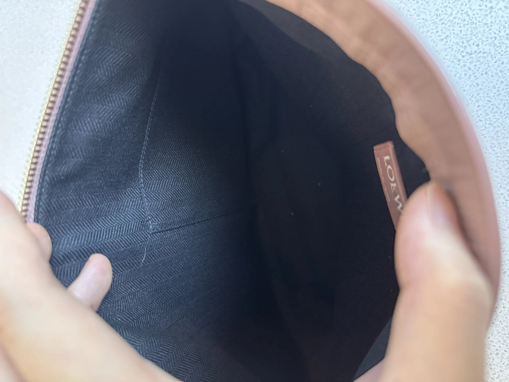 Loewe — T Pouch Taupe Repeat Anagram Leather · Made in Spain