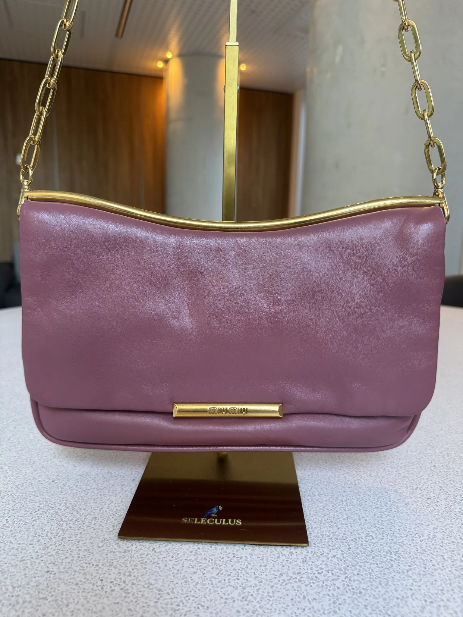 Miu Miu — Frame Shoulder Bag Mauve · Nappa Leather · Gold Hardware · Made in Turkey
