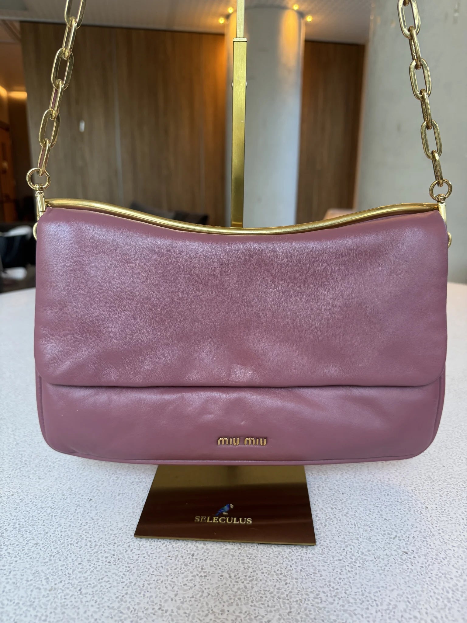 Miu Miu — Frame Shoulder Bag Mauve · Nappa Leather · Gold Hardware · Made in Turkey