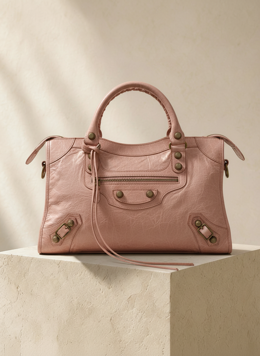 Balenciaga — Classic Work Bag Dusty Rose / Antique Rose · Aged Brass Giant Studs · Serial 173080 5741